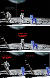 Size: 830x1300 | Tagged: safe, alternate version, artist:jhonnyrebel, derpibooru import, princess luna, alicorn, human, pony, apollo, astronaut, female, luna and the nauts, male, mare, moon, moon landing, neil armstrong, nope, s1 luna, sad, space, vulgar