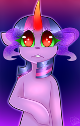 Size: 1950x3074 | Tagged: safe, artist:emotional-kindness, derpibooru import, twilight sparkle, unicorn twilight, pony, unicorn, black background, colored horn, corrupted, corrupted twilight sparkle, curved horn, dark, dark magic, female, horn, magic, possessed, simple background, solo, sombra eyes, sombra horn