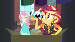 Size: 1920x1080 | Tagged: safe, derpibooru import, screencap, fluttershy, sunset shimmer, better together, costume conundrum, equestria girls