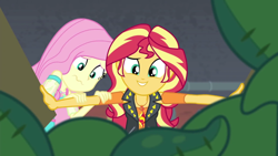 Size: 1920x1080 | Tagged: safe, derpibooru import, screencap, fluttershy, sunset shimmer, better together, costume conundrum, equestria girls, female, geode of empathy, geode of fauna, magical geodes, nervous