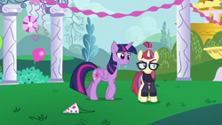 Size: 1280x720 | Tagged: safe, derpibooru import, screencap, moondancer, twilight sparkle, twilight sparkle (alicorn), alicorn, pony, unicorn, amending fences, balloon, clothes, female, glasses, hat, mare, party hat, sweater