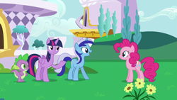 Size: 1280x720 | Tagged: safe, derpibooru import, screencap, minuette, pinkie pie, spike, twilight sparkle, twilight sparkle (alicorn), alicorn, dragon, earth pony, pony, unicorn, amending fences, female, mare