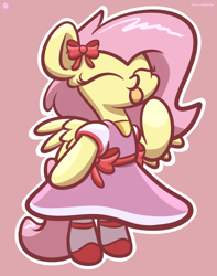 Size: 2560x3250 | Tagged: safe, artist:kimjoman, derpibooru import, fluttershy, pegasus, pony, semi-anthro, bipedal, bow, cel shading, clothes, crossover, cute, dress, eyes closed, female, mare, pink background, shading, shyabetes, simple background, solo, spread wings, terraria, tongue out, wings