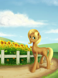 Size: 3543x4724 | Tagged: safe, artist:lin feng, derpibooru import, sunflower spectacle, pony, unicorn, fence, flower, high res, solo, sunflower