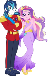 Size: 2865x4500 | Tagged: safe, artist:limedazzle, derpibooru import, dean cadance, princess cadance, shining armor, equestria girls, absurd resolution, alternate universe, alumnus shining armor, clothes, cosplay, cute, dress, female, husband and wife, looking at you, male, pants, shiningcadance, shipping, simple background, straight, transparent background, uniform