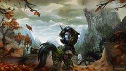 Size: 3840x2160 | Tagged: safe, artist:jedayskayvoker, derpibooru import, oc, oc only, pony, unicorn, fanfic:shadow of equestria, autumn, canterlot, clothes, crossover, leaves, ponyville, s.t.a.l.k.e.r., scenery, solo, tree, tree stump, video game crossover