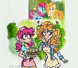 Size: 2453x2139 | Tagged: safe, artist:citi, derpibooru import, screencap, cup cake, pear butter, human, the perfect pear, blushing, cake, chiffon swirl, clothes, cutie mark, cutie mark accessory, cutie mark on clothes, flower, flower in hair, food, heart, humanized, messy hair, messy mane, scene interpretation, screencap reference, younger