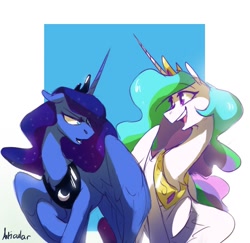 Size: 1201x1165 | Tagged: safe, artist:anticular, derpibooru import, princess celestia, princess luna, alicorn, pony, duo, female, floppy ears, mare, open mouth, raised hoof, royal sisters, sisters, spread wings, wings