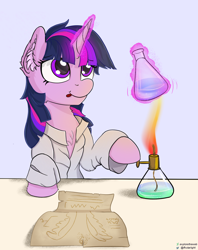 Size: 1396x1762 | Tagged: safe, artist:exploretheweb, derpibooru import, twilight sparkle, pony, unicorn, beaker, chemistry, chest fluff, ear fluff, female, fire, flask, glowing horn, horn, magic, mare, solo, tongue out