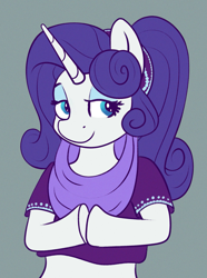 Size: 1519x2038 | Tagged: safe, artist:dummyhorse, derpibooru import, rarity, pony, semi-anthro, unicorn, alternate hairstyle, bust, clothes, female, genie, geniefied, gray background, hooves together, lidded eyes, looking at you, simple background, smiling, solo, three quarter view