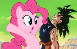 Size: 656x418 | Tagged: safe, derpibooru import, editor:logan jones, pinkie pie, earth pony, pony, 10 hours in photoshop, defeated, dragon ball z, goku, humilliation, majestic as fuck, meme, pinkie pie is god, shitposting, team four star in the comments, the weak should fear the strong, vector used