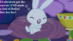 Size: 1280x720 | Tagged: safe, derpibooru import, edit, edited screencap, screencap, angel bunny, twilight sparkle, castle mane-ia, angelbetes, carrot, cute, food, goblet, laughing, the story of the trial of el-ahrairah, thinking, watership down