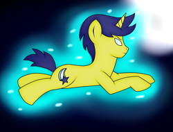 Size: 2807x2137 | Tagged: safe, artist:allythewolffy98, derpibooru import, comet tail, unicorn, flying, glowing eyes, levitation, magic, moon, night, solo, telekinesis