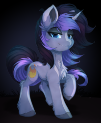 Size: 749x909 | Tagged: safe, alternate version, artist:a-lunar-eclipse, derpibooru import, oc, oc only, oc:purple flame, pony, unicorn, horn, raised hoof, solo, unicorn oc