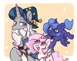 Size: 1280x1024 | Tagged: safe, artist:colorfulcolor233, derpibooru import, princess celestia, princess luna, star swirl the bearded, alicorn, pony, unicorn, blank flank, cewestia, chest fluff, cute, female, filly, male, open mouth, pink-mane celestia, royal sisters, sisters, stallion, woona, younger