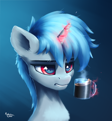 Size: 3000x3250 | Tagged: safe, artist:kridershot, derpibooru import, oc, oc:ponywka, pony, coffee, cup, magic, magic aura, red eyes, unicord