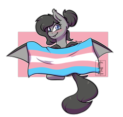 Size: 4099x3899 | Tagged: safe, artist:cleoziep, derpibooru import, oc, oc only, oc:crescent, bat pony, blushing, cute, female, patreon, patreon reward, simple background, sitting, smiling, solo, spread wings, trans pride flag, transparent background, wings