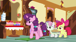 Size: 1920x1080 | Tagged: safe, derpibooru import, screencap, apple bloom, scootaloo, sugar belle, sweetie belle, the big mac question, cutie mark crusaders, food, pie