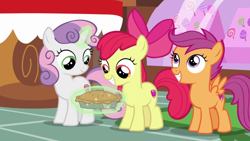 Size: 1920x1080 | Tagged: safe, derpibooru import, screencap, apple bloom, scootaloo, sweetie belle, the big mac question, cutie mark crusaders, food, pie