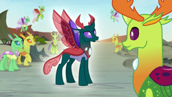 Size: 1920x1080 | Tagged: safe, derpibooru import, screencap, clypeus, pharynx, thorax, changedling, changeling, to change a changeling, aura, background changeling, king thorax, male, prince pharynx, spread wings, wings