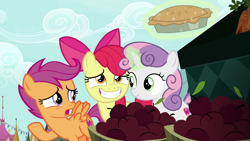 Size: 1280x720 | Tagged: safe, derpibooru import, screencap, apple bloom, scootaloo, sweetie belle, the big mac question, cutie mark crusaders, food, pie