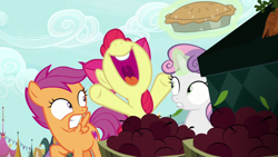 Size: 1920x1080 | Tagged: safe, derpibooru import, screencap, apple bloom, scootaloo, sweetie belle, the big mac question, cutie mark crusaders, food, pie, volumetric mouth