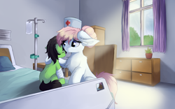 Size: 8000x5000 | Tagged: safe, artist:lunar froxy, nurse redheart, oc, oc:anon filly, earth pony, pony, unicorn, fanfic:trust once lost, bed, broken leg, cast, comforting, cover art, cute, fanfic art, female, filly, hat, hospital, hospital bed, hurt/comfort, injured, mare, missing cutie mark, nurse, nurse hat, panic, panic attack, panicking, pillow, scared, self insert