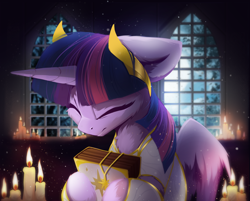 Size: 1828x1470 | Tagged: safe, artist:hitbass, twilight sparkle, twilight sparkle (alicorn), alicorn, pony, book, candle, chest fluff, clothes, eyes closed, female, headdress, horn, jewelry, mare, necklace, praying, priestess, religion, smiling, solo, window, wings