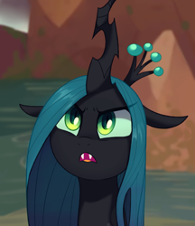 Size: 3200x3706 | Tagged: safe, artist:maren, queen chrysalis, changeling, changeling queen, angry, cute, cutealis, fangs, female, open mouth, scene interpretation, solo