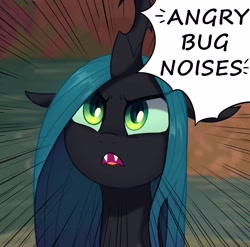 Size: 3200x3163 | Tagged: source needed, useless source url, safe, alternate version, artist:maren, queen chrysalis, changeling, changeling queen, angry, angry horse noises, bugs doing bug things, cute, cutealis, descriptive noise, female, frown, glare, horse noises, looking at you, looking up, motion lines, open mouth, scene interpretation, solo, text