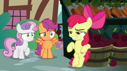 Size: 1920x1080 | Tagged: safe, derpibooru import, screencap, apple bloom, scootaloo, sweetie belle, the big mac question, bipedal, carrot, cutie mark crusaders, food, leaning, smiling, smug, varying degrees of want