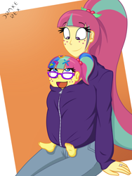 Size: 1500x2000 | Tagged: safe, artist:drake-rex, derpibooru import, sour sweet, oc, oc:citrus flare, oc:sparks, equestria girls, barefoot, clothes, commission, feet, female, freckles, glasses, hoodie, jewelry, momma sour sweet, mother and child, mother and daughter, parent and child, parent:oc:sparks, parent:sour sweet, parents:sourks, ring, shared clothing, sourks, wedding ring