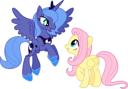 Size: 1613x1120 | Tagged: safe, anonymous artist, artist:estories, artist:sunran80, derpibooru import, edit, fluttershy, princess luna, alicorn, pegasus, pony, cute, female, flying, happy, lesbian, looking down, looking up, lunabetes, lunashy, mare, open mouth, raised hoof, s1 luna, shipping, show accurate, shyabetes, simple background, smiling, transparent background, vector, vector edit, wings