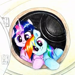 Size: 2322x2322 | Tagged: safe, artist:liaaqila, derpibooru import, rainbow dash, twilight sparkle, pegasus, pony, behaving like a cat, commission, cute, dashabetes, female, lesbian, shipping, twiabetes, twidash, washing machine