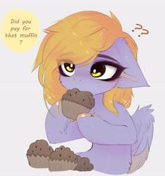 Size: 3842x4096 | Tagged: safe, artist:magnaluna, derpibooru import, derpy hooves, pegasus, pony, chest fluff, cute, derpabetes, dialogue, eating, floppy ears, food, muffin, question mark, shoulder fluff, simple background, white background