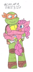 Size: 716x1534 | Tagged: safe, artist:cmara, derpibooru import, pinkie pie, earth pony, pony, turtle, bandana, bridal carry, carrying, crossover, female, hug, looking at each other, male, mare, michelangelo, one eye closed, open mouth, simple background, teenage mutant ninja turtles, tmnt 2012, traditional art, white background, wink