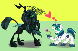Size: 2500x1647 | Tagged: safe, artist:ja0822ck, derpibooru import, queen chrysalis, shining armor, changeling, changeling queen, pony, unicorn, a canterlot wedding, abdomen, antennae, claws, collar, compound eyes, exoskeleton, female, floating heart, heart, insectoid, jewelry, leash, love, mandibles, marriage proposal, mind control, ring, wedding ring