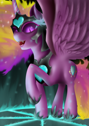 Size: 2894x4093 | Tagged: safe, artist:flaxen's art corner, derpibooru import, princess cadance, alicorn, pony, corrupted, evil, evil cadance, evil grin, fangs, grin, magic, magic circle, nightmare cadance, nightmarified, sharp teeth, slit eyes, smiling, teeth