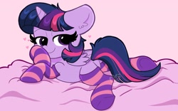 Size: 2048x1280 | Tagged: safe, artist:itskittyrosie, artist:kittyrosie, derpibooru import, twilight sparkle, twilight sparkle (alicorn), alicorn, pony, blanket, clothes, cute, ear fluff, female, heart, looking at you, lying down, mare, pink background, prone, simple background, socks, solo, stockings, striped socks, thigh highs, twiabetes