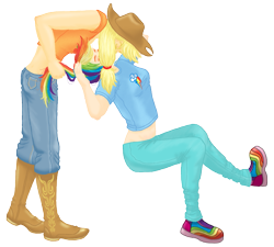 Size: 753x678 | Tagged: safe, artist:kankurounokugutsu, derpibooru import, applejack, rainbow dash, human, appledash, boots, clothes, cowboy boots, cowboy hat, female, hair pulling, hat, humanized, jeans, kissing, lesbian, midriff, pants, shipping, shoes, simple background, transparent background