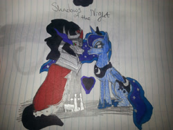 Size: 2448x1836 | Tagged: safe, artist:xxspeedboltxx, derpibooru import, king sombra, princess luna, alicorn, pony, unicorn, female, heart, lumbra, male, shipping, sitting, straight, traditional art