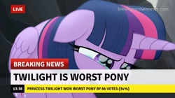 Size: 717x402 | Tagged: safe, derpibooru import, edit, edited screencap, screencap, twilight sparkle, twilight sparkle (alicorn), alicorn, my little pony: the movie, /mlp/, 4chan, abuse, alicorn drama, background pony strikes again, break your own news, breaking news, crying, drama, op is a cuck, op is wrong, op isn't even trying anymore, op wants attention, poll, twilybuse, worst pony