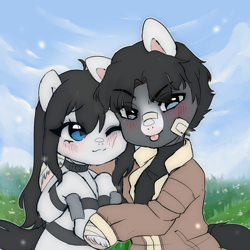 Size: 1500x1500 | Tagged: safe, artist:angelbeat-drift, derpibooru import, oc, oc only, oc:milly croft, oc:rowan, bandage, blushing, clothes, collar, couple, exo-suit, female, field, hug, male, mare, smiling, stallion, sweater, tongue out, turtleneck