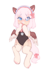 Size: 2380x3500 | Tagged: safe, artist:angelbeat-drift, derpibooru import, oc, oc only, oc:sakura, pegasus, semi-anthro, bipedal, blushing, blushing profusely, bow, clothes, embarrassed, female, frills, garters, hair bow, leotard, maid, maid headdress, mare, plaid, simple background, standing up, stockings, tail bow, thigh highs