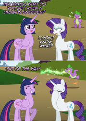 Size: 1280x1786 | Tagged: safe, artist:ladyanidraws, derpibooru import, rarity, spike, twilight sparkle, twilight sparkle (alicorn), alicorn, dragon, pony, unicorn, 2 panel comic, ask, ask pun, comic, facehoof, fire, pun