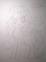 Size: 2050x2728 | Tagged: safe, derpibooru import, rainbow dash, pegasus, pony, the cutie mark chronicles, blush sticker, blushing, female, filly, filly rainbow dash, floppy ears, scene interpretation, sketch, solo, traditional art, younger