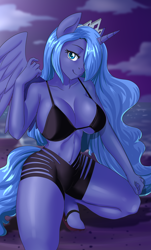 Size: 1156x1920 | Tagged: safe, artist:thebrokencog, derpibooru import, princess luna, alicorn, anthro, beach, belly button, breasts, commission, hair over one eye, kneeling, ocean, princess balloona, sand