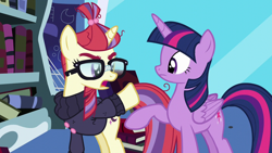 Size: 1280x720 | Tagged: safe, derpibooru import, screencap, moondancer, twilight sparkle, twilight sparkle (alicorn), alicorn, pony, unicorn, amending fences, book, bookshelf, clothes, female, glasses, mare, sweater, twilight's canterlot home