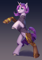 Size: 2480x3508 | Tagged: safe, artist:shiimosa, derpibooru import, rarity, pony, unicorn, alternate design, alternate hairstyle, amputee, clothes, female, gradient background, high res, mare, prosthetic limb, prosthetics, shirt, simple background, solo, steampunk, watermark