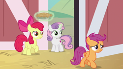 Size: 1920x1080 | Tagged: safe, derpibooru import, screencap, apple bloom, scootaloo, sweetie belle, the big mac question, cutie mark crusaders, food, pie